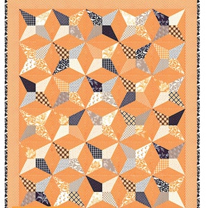 May include: A patchwork quilt with a starburst design in shades of orange, cream, navy, and gray. The quilt features various patterned fabrics, including floral, polka dot, and geometric prints. The words "Halloween Harlequin" are at the top.