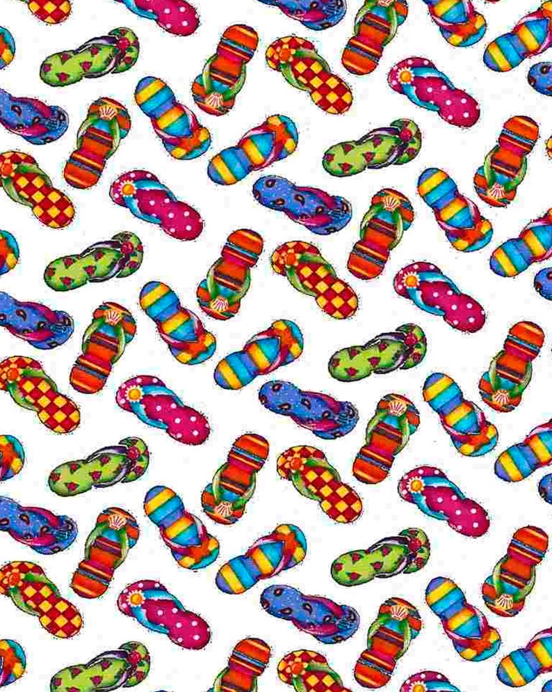 Flip flops tossed on white cotton fabric by Timeless Treasures fabrics C2495