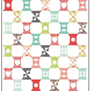 May include: A patchwork quilt featuring a repeating pattern of spools in red, teal, green, and black. Each spool has a different design, such as stars, hearts, and geometric shapes. The quilt is bordered with a black and white rope design.