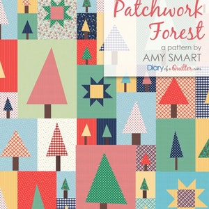 May include: A colorful patchwork design featuring stylized trees in various colors and patterns. The design includes squares with trees in red, green, blue, and yellow, with brown trunks. The text "Patchwork Forest" is displayed.