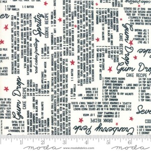 May include: A fabric swatch featuring a repeating pattern of handwritten cake and cookie recipes, including ingredients and instructions. The design incorporates red stars and text on a white background.