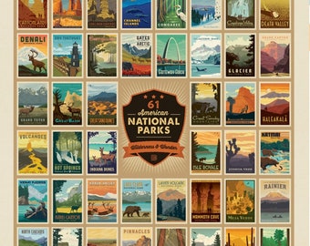 May include: A colorful poster featuring illustrations of 61 American National Parks. Each park is represented by a unique image and its name. The poster is titled "61 American National Parks Wilderness & Wonder".