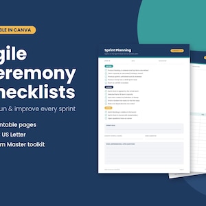 May include: A digital document titled Agile Ceremony Checklists featuring a Sprint Planning page with checkboxes, sections for sprint goals, and team commitments. The layout includes a dark blue background with white text and yellow accents.