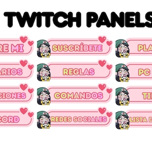 May include: Pink Twitch panels with various text labels, including "Sobre Mi," "Suscríbete," and "Playlist." Each panel features a cartoon character and heart accents. The title "Twitch Panels" is displayed at the top.