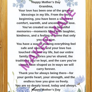 May include: A framed print with a gold-colored border. The print features a heartfelt message for Grandma, with floral accents in shades of blue. The text reads "Happy Mother's Day" and expresses love and appreciation.