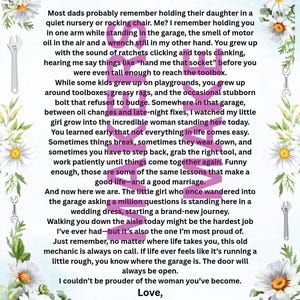 May include: A heartfelt message from a father to his daughter, with the text "My Baby Girl." The text is surrounded by floral and tool illustrations. The message speaks of shared experiences in a garage setting.