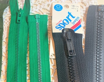 18" Separating Zippers ~ Metal or Molded Teeth for Light to Heavyweight Jackets or Sweaters ~ Choice of Kelly Green or Dk Brown Vintage