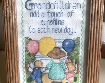 Counted Cross Stitch "Grandchildren" Framed & Handmade 8.25 x 6.25 Inches