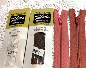 18" Nylon Coil Zippers ~ Choice of Bone, Brown, Dark Coral or Copper NOS