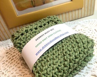 Hand Knit Cotton Dish / Face Cloths, Solid Rosemary Green Set of 2, Gift Set
