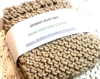 Hand Knit Cotton Dish / Face Cloths, Solid Jute Color Set of 2, Gift Set