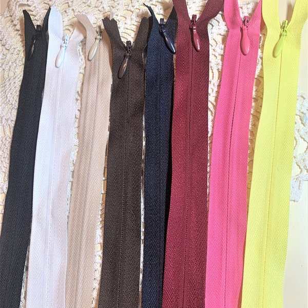 9" Invisible Zippers ~ Choice Black, White, Natural, Brown, Navy, Rose, Burgundy or Yellow NOS
