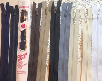 New 9" Nylon Coil Zippers ~ Neutral ~ Choice of Navy Blue, Brown, Khaki, Ecru/Beige, Black, Gray, Natural, Ivory or White