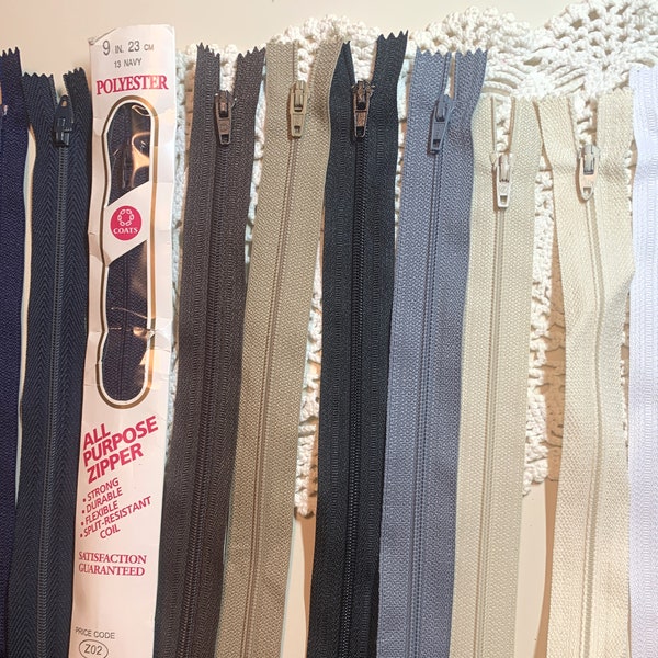 New 9" Nylon Coil Zippers ~ Neutral ~ Choice of Navy Blue, Brown, Khaki, Ecru/Beige, Black, Gray, Natural, Ivory or White