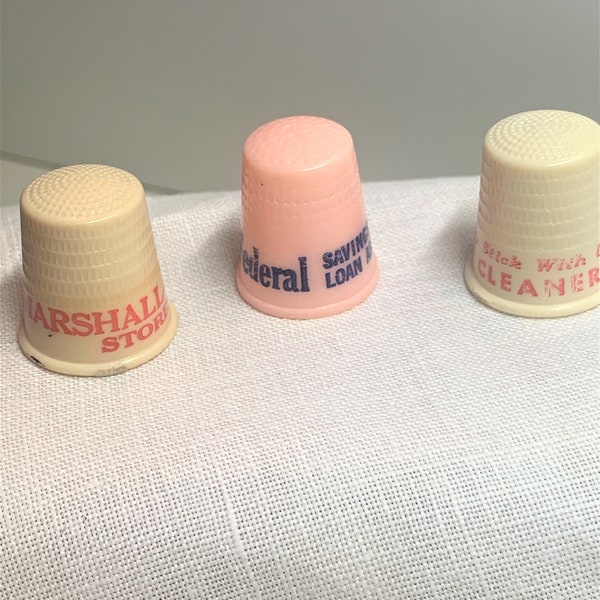 Lot of 3 Collectible Advertising Vintage Thimbles ~ Marshall-Wells Stores, Twin City Federal Savings & Loan Assn, Band Box Cleaners