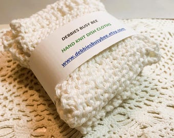 Pair of Ivory Hand Knit Cotton Dish Cloths, Face Cloths, Set of 2, Gift Set (8.5" sq)