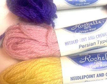 3 Skeins 100% Persian Wool Tapestry, Needlepoint & Crewel Yarn 3-Ply ~ Rochelle Illinois Brand - Maize, Lt Dust Rose, Royal Purple