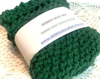 NEW LARGER Hand Knit Cotton Dish Cloths, Dark Pine Green Set of 2