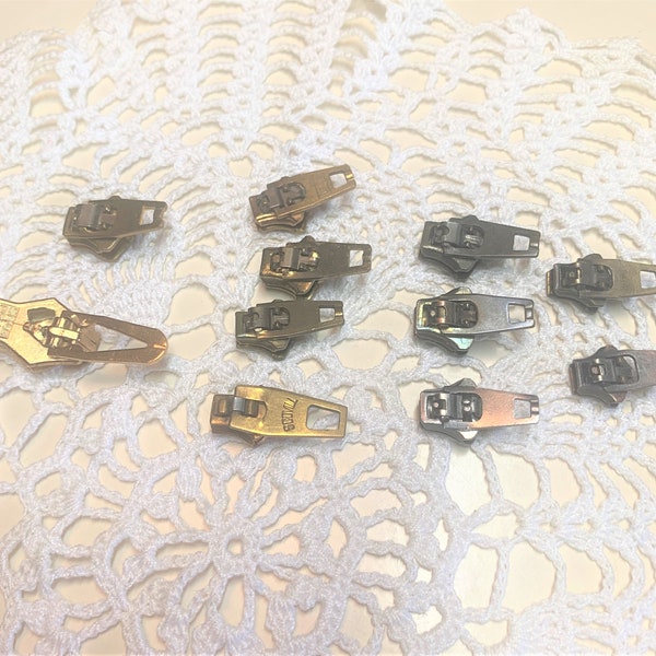12 Assorted Metal Zipper Sliders ~ Locking Type Vintage Various Brands Sizes 4.5 to 5