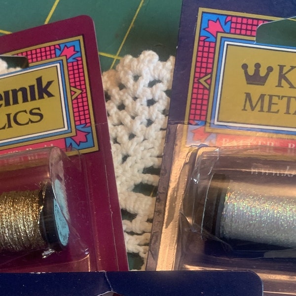 55 Yds Ea Kreinik Metallic Thread 1-Ply Very Fine Braid or Blending Filament - Choice Gold or Aurora NOS