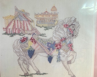 Carousel Horse Cross Stitch Kit: 14"x14" Linen, Complete Materials NIP