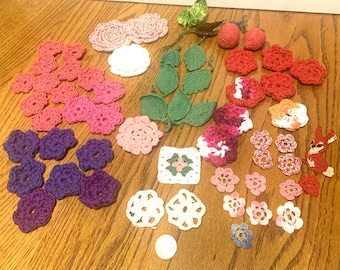 60 Vintage Crocheted or Knitted Floral Pieces & Appliques for Embellishing + Antique MOP Pin