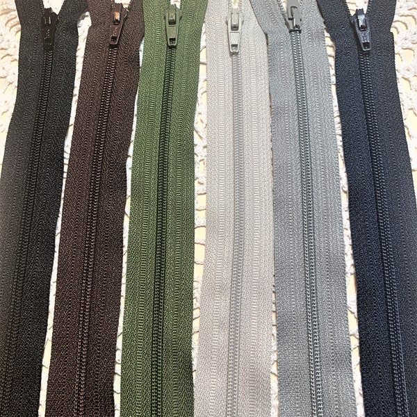 New 11" Nylon Coil Trouser Zippers ~ Choice ~ Black, Brown, Olive Green, Lt & Med Gray, Navy Blue