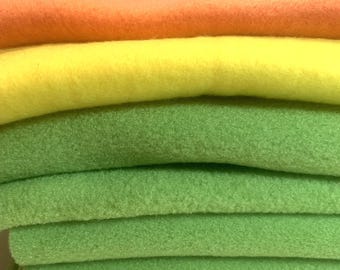 7 Solid Fleece Remnants ~ Bright Lime Green, Yellow & Pumpkin