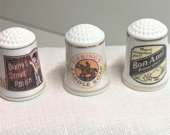 Collectible Franklin Mint Advertising Fine Porcelain Thimbles ~ Vintage Country Store Dixie Stove Prod, Fiebing's Saddle Soap, Bon Ami