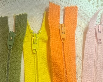 22" Coil Zippers ~ Choice of Olive Green, Bright Yellow, Light Orange or Light Peach ~ NOS