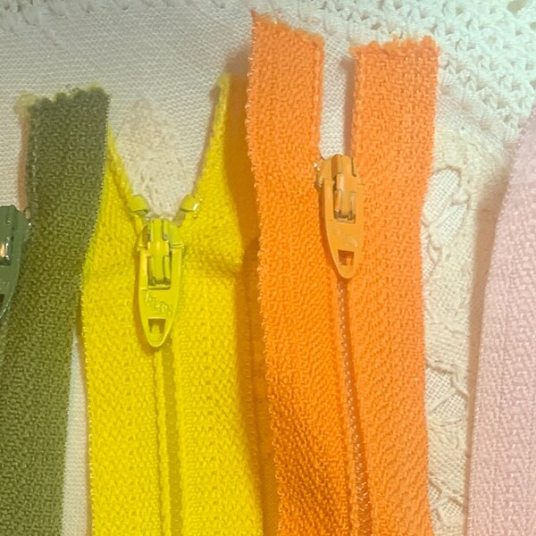 22" Coil Zippers ~ Choice of Olive Green, Bright Yellow, Light Orange or Light Peach ~ NOS