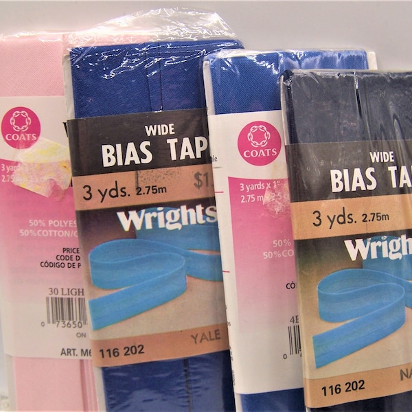 Wide Single Fold Bias Tape Poly/Cotton 3 yds NOS ~ Choice Shades of Blue, Navy Blue, or Pink