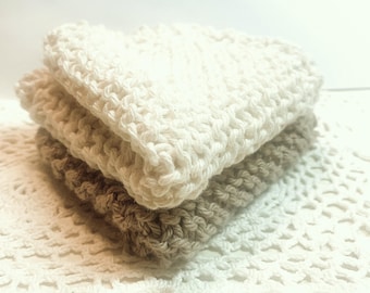 Pair of 100% Cotton Dish Cloths, Mocha Brown & Lt Ecru Hand Knit, Gift Set