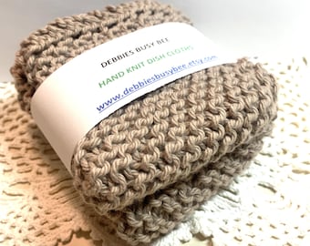 Pair of Mocha Brown 100% Cotton Dish / Face Cloths, Hand Knit, Gift Set (7.5")