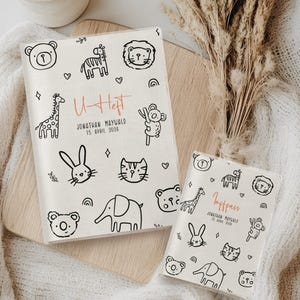 U-Heft und Impfpass Hülle personalisiert "Doodle Tiere" • Schutzhülle für Untersuchungsheft • Geschenk zur Geburt • Geschenkidee für Babys