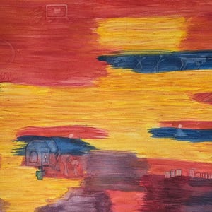 Op de afbeelding: Abstract aquarel schilderij met een zonsondergang kleurenpalet van rood, geel en blauw. Het kunstwerk toont gestileerde vormen, waaronder cirkels, rechthoeken en dierfiguren, waardoor een dromerig landschap ontstaat.