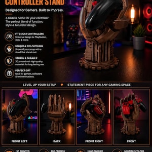 Könnte beinhalten: Ein bronzefarbener Roboterhand-Controller-Ständer, der einen schwarzen Gamecontroller hält. Der Ständer ist 3D-gedruckt und für Gamer konzipiert. Auf dem Ständer steht "Robot Hand Controller Stand" und "Level Up Your Setup."