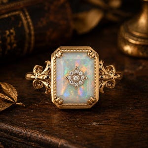 Könnte beinhalten: Ein Goldring mit einem rechteckigen Opal in der Mitte, der mit einem sternförmigen Cluster aus kleinen Diamanten besetzt ist. Die Goldschiene weist auf beiden Seiten aufwendige dekorative Metallarbeiten auf, die die Fassung einrahmen.