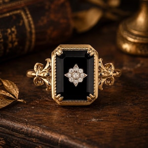 Vintage svart onyxring i guld, antik smaragdslipad onyxförlovningsring, stjärnformad diamantring, gotisk fleur de lis-present till henne