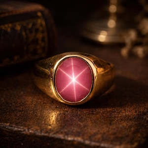 Natural Pink Star Ruby Ring 14k Gold Signet Ring Vintage Pink Star Gemstone Oval Cabochon Ring Mens Star Ruby Ring Gift for Him Unisex Ring