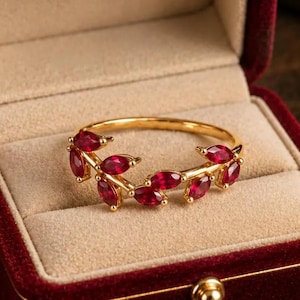 Vintage Marquise Ruby Wedding Band Yellow Gold Curved Stacking Ring Red Gemstone Bridal Band Antique Art Deco Anniversary Ring Gift for Her