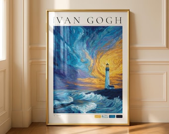 Lámina artística "Faro de Van Gogh, Noche sobre el Océano": Póster de pintura al óleo impresionista