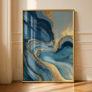 Fluid Abstract Waves Poster, Smooth Gradients, Minimal Linework, Blue & Gold Tones, Polished Modern Wall Art, Premium Print