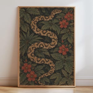 May include: A rectangular wall art print in a light wood frame featuring a detailed illustration of a brown patterned snake winding through dark green foliage and vibrant red flowers against a dark, textured background.