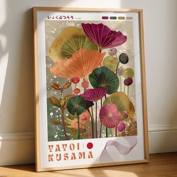 Yayoi Kusama Poster, Japanese Wall Art, Bright Asian Decor, Minimalist Print, Abstract Japan Artwork, Japanese Gift, Flora, Plants.