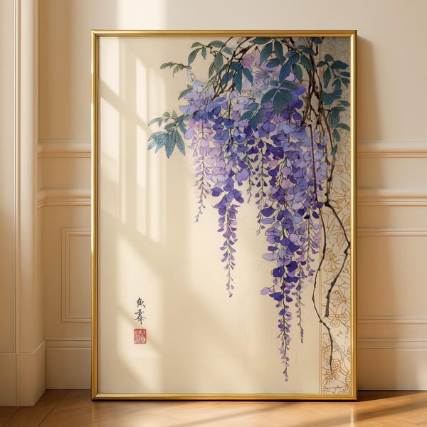 Poster met blauweregenranken, uitgesneden lijntekening, Japanse kunstprint, traditionele Japanse kunst, wanddecoratie, cadeau-idee, ukiyo-e stijl.