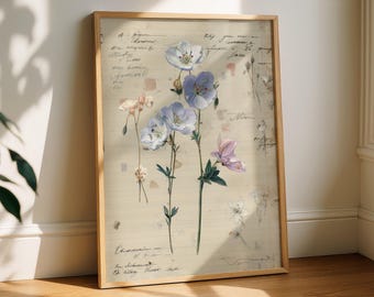 May include: A framed botanical print featuring delicate watercolor flowers in shades of lavender, pink, and white. The artwork is set against a vintage paper background with handwritten script, and framed in a light wood frame.