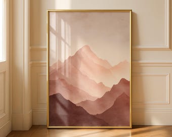 Japanese Mountain Silhouette Watercolor Print, Pale Warm Tones Poster