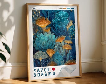 May include: A framed art print featuring a vibrant, abstract depiction of coral and mushroom-like forms in shades of blue, orange, and gold. The artwork is set against a dark blue background and includes the text "YAYOI KUSAMA" at the bottom.