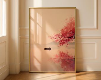 May include: A framed art print featuring a serene landscape with a boat on a lake. The artwork showcases a vibrant red flowering tree reflected in the water, with a soft, warm color palette and a gold frame.